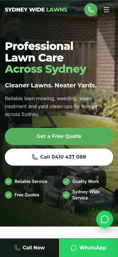 Mobile view of the Sydney Wide Lawns website